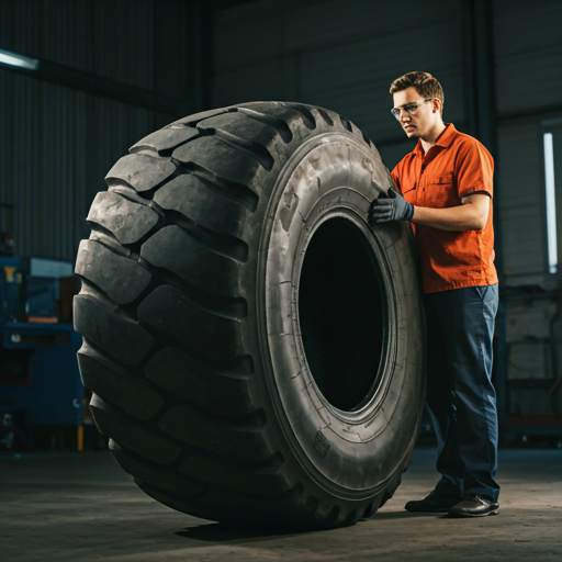 Technician inspecting the tread of a large tire in a workshop