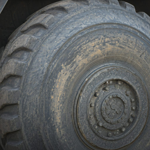 Close-up of a large, heavy-duty mining tire tread