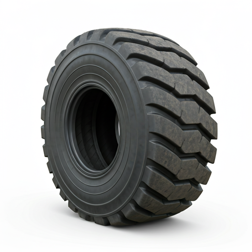 Angled view of a heavy-duty mining tire with deep grooves