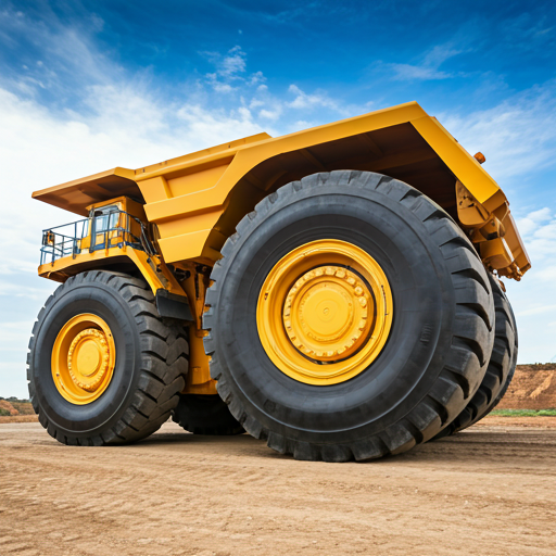 Side profile of a massive mining tire, showing its depth and structure
